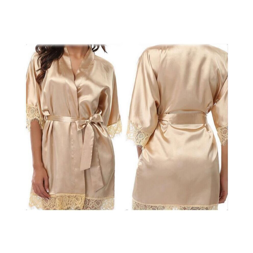 (Nude, S) Women's plain silk satin tether pajamas robe bathrobe