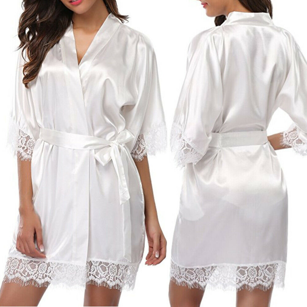 (White, S) Women's plain silk satin tether pajamas robe bathrobe