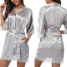 (Gray, 2XL) Women's plain silk satin tether pajamas robe bathrobe