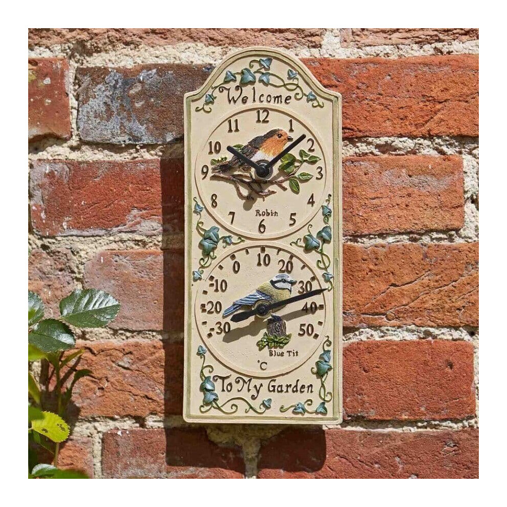 Birdberry Wall Clock & Thermometer Welcome Garden Birds Robin Blue Tit Outdoor
