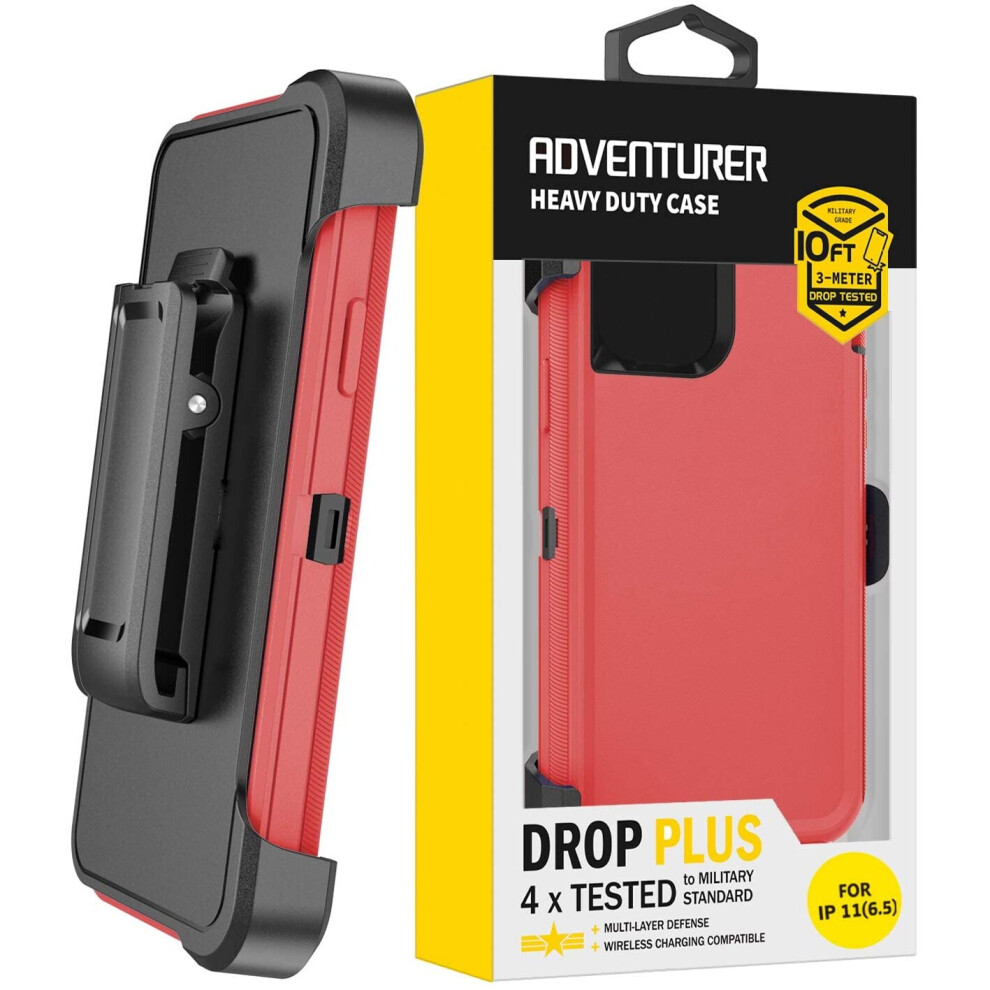 (Red) Adventurer Defender Case For iPhone 11 PRO MAX (6.5") Rugged Heavy Duty Cover With Belt Clip Holster Military Standard