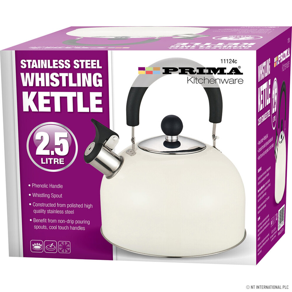 2.5L CREAM STAIINLESS STEEL LIGHTWEIGHT WHISTLING KETTLE FAST BOIL NEW