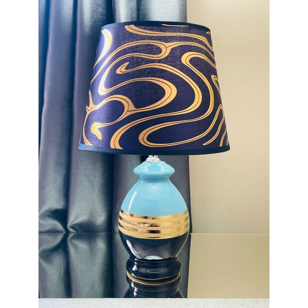 Urban Style Gold Silver Lines Ceramic Table Lamp Light-Blue with Gold