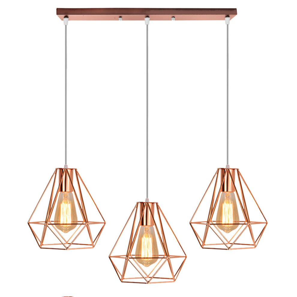 Industrial Pendant Light Rose Gold Retro Ceiling Light Vintage 3 Lights Chandelier Ø20CM Diamond Hanging Light Metal Iron Lamp Shade
