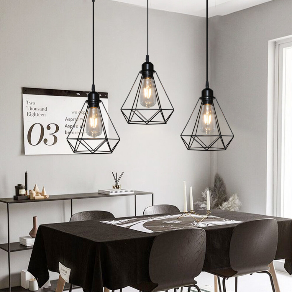 3 Pack Pendant Light,Industrial E27 Hanging Light Metal Iron Chandelier Retro Hanging Lamp Vintage Diamond Pendant Light Black Ã200MM-image-OPC-P8978QY-NEW