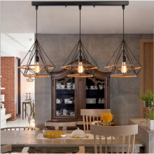 Retro Pendant Light Chandelier 25CM Diamond Ceiling Light Hemp Rope 3 Heads Hanging Lamp Black Creative for Office Corridor Restaurant Loft Bar Cafe