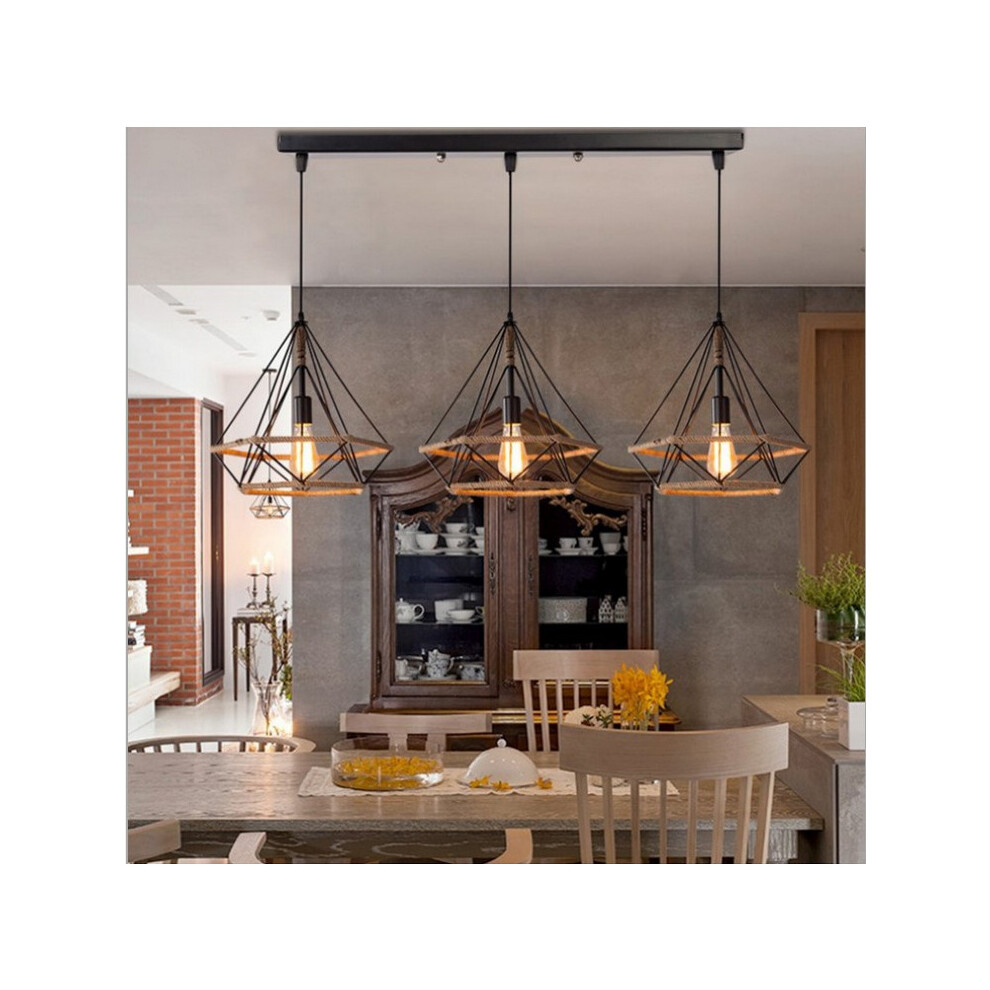 Stoex Retro Pendant Chandelier 25Cm Diamond Ceiling Hemp Rope 3 Heads Hanging Lamp Creative For Office Corridor Restaurant Loft Bar Cafe Light/Black