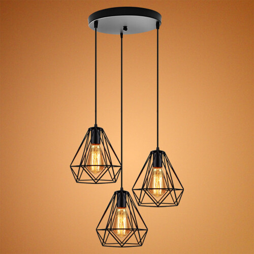 Industrial Pendant Light Retro Ceiling Light Metal Pendant Lamp Black Vintage 3 Lights Chandelier Diamond Ø20CM Hanging Light