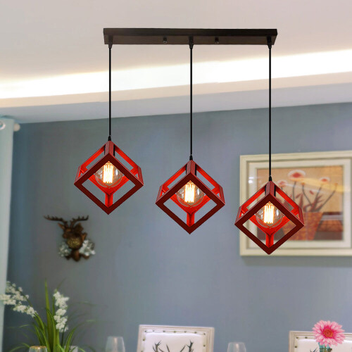 Retro Antique Chandelier Cube Hanging Light Industrial Pendant Light Metal Creative Red 3 Heads Ceiling Light for Office Cafe Bedroom Loft Bar E27