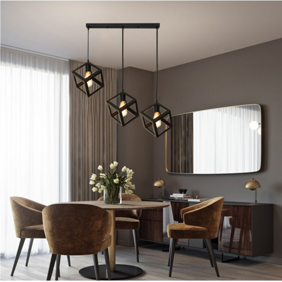 Antique Industrial Pendant Light Cube Hanging Light Creative Black 3 Heads Ceiling Light Metal Retro Chandelier for Office Cafe Bedroom Loft Bar E27