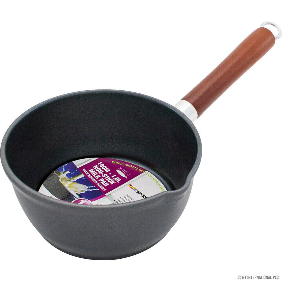 NEW 14CM NON STICK MILK PAN BLACK STIR KITCHEN WOODEN HANDLE COOKING