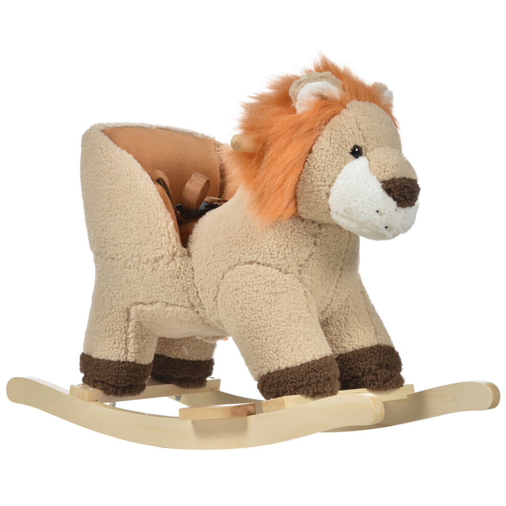 HOMCOM Kids Rocking Lion Plush Ride On Seat w/ Sound Button Wood Base Seat Belt 