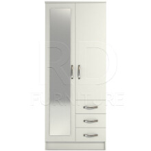 Ready Assembled Classic White Wardrobe with Full-Length Mirror, 2 Doors, 3 Slim Drawers, Castors, Top Shelf & Hanging Rail