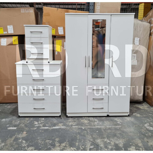 RD Furniture Ready assembled Classic 3 Door 3 Drawer Combi Mirrored Wardrobe White 1