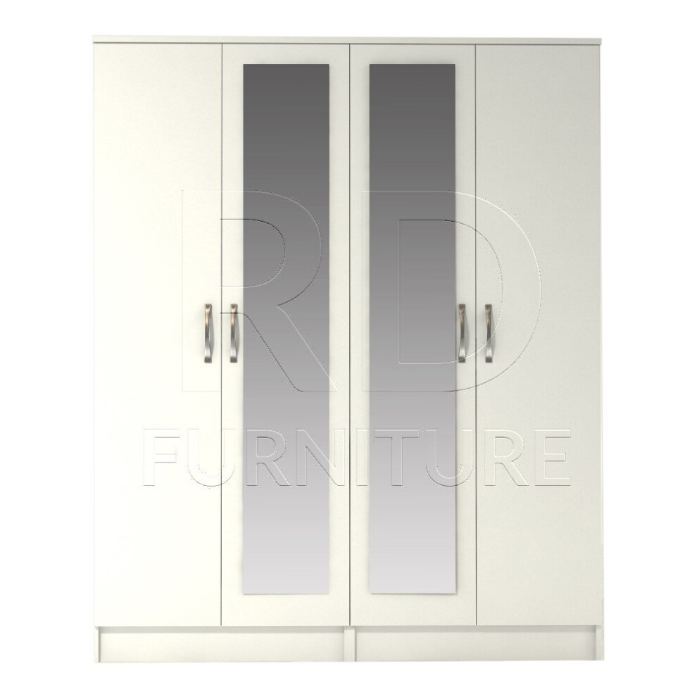 Ready assembled Classic 4 Door Double Mirrored Wardrobe White