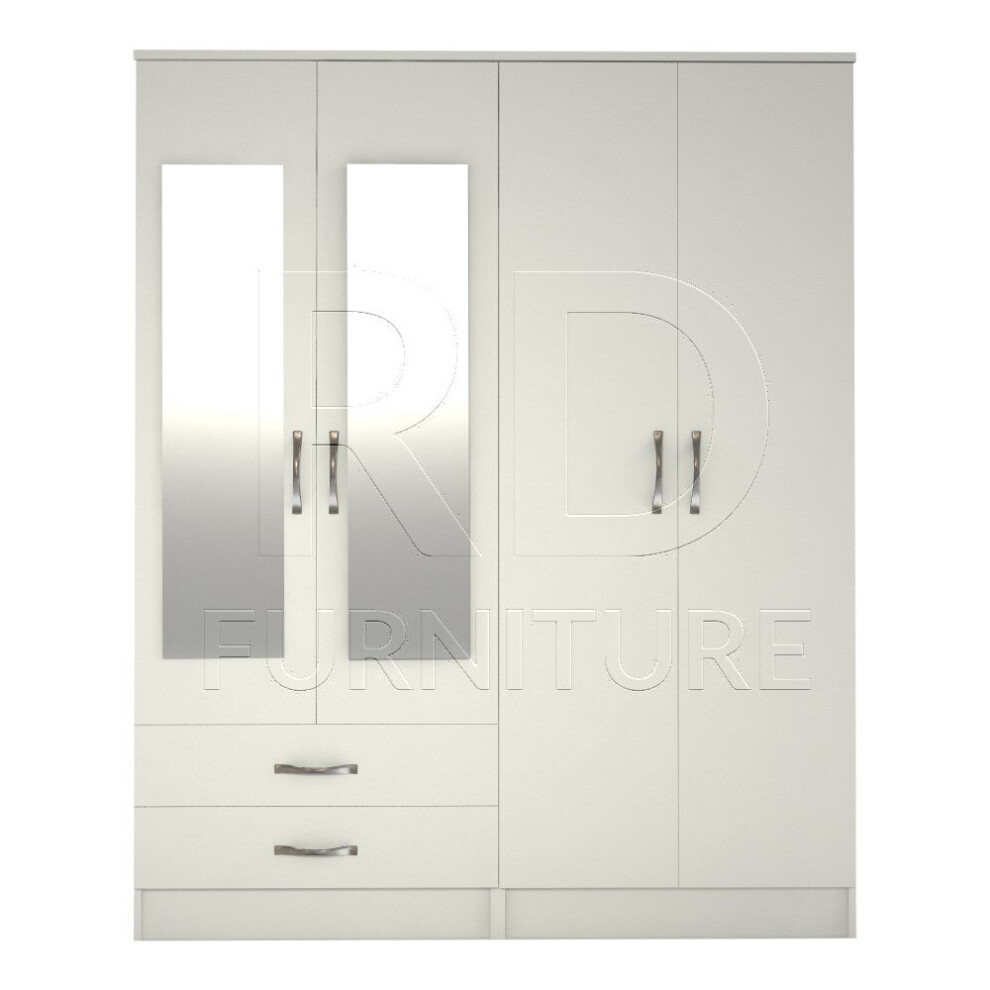 Ready assembled Classic 4 Door 2 Drawer Mirrored Wardrobe White