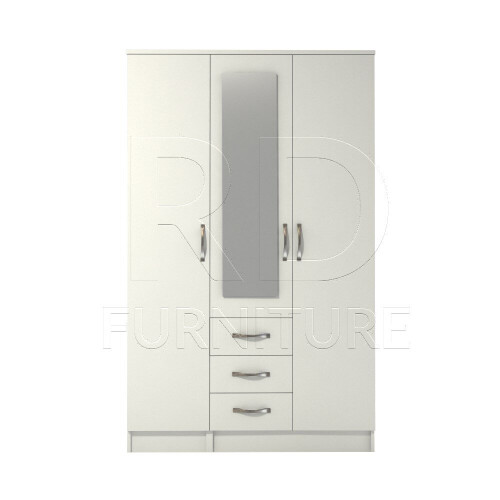 RD Furniture Ready assembled Classic 3 Door 3 Drawer Combi Mirrored Wardrobe White