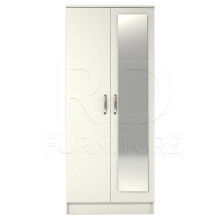 Ready Assembled Classic 2-Door Mirrored Wardrobe - White, 184cm tall, with Castors, Mirror, Shelf & Hanging Rail