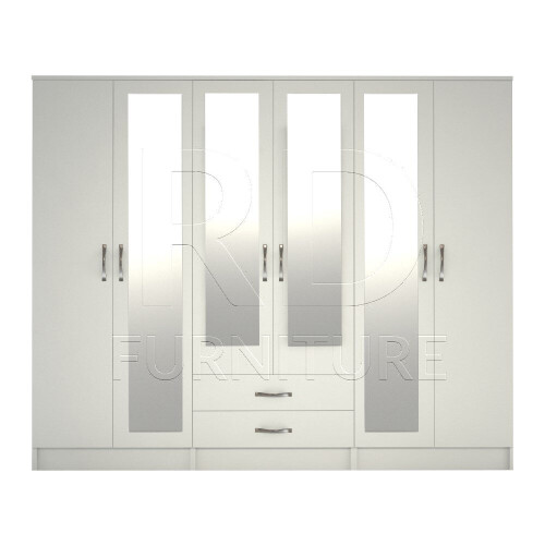 RD Furniture Ready assembled Classic 6 Door 4 Mirror Wardrobe White