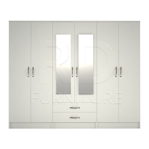 RD Furniture Ready assembled Classic 6 Door Mirrored Wardrobe White