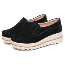 (Black, 38) Women suede loafers fashion heighten moccasin shoes non-slip wedge casual shoes