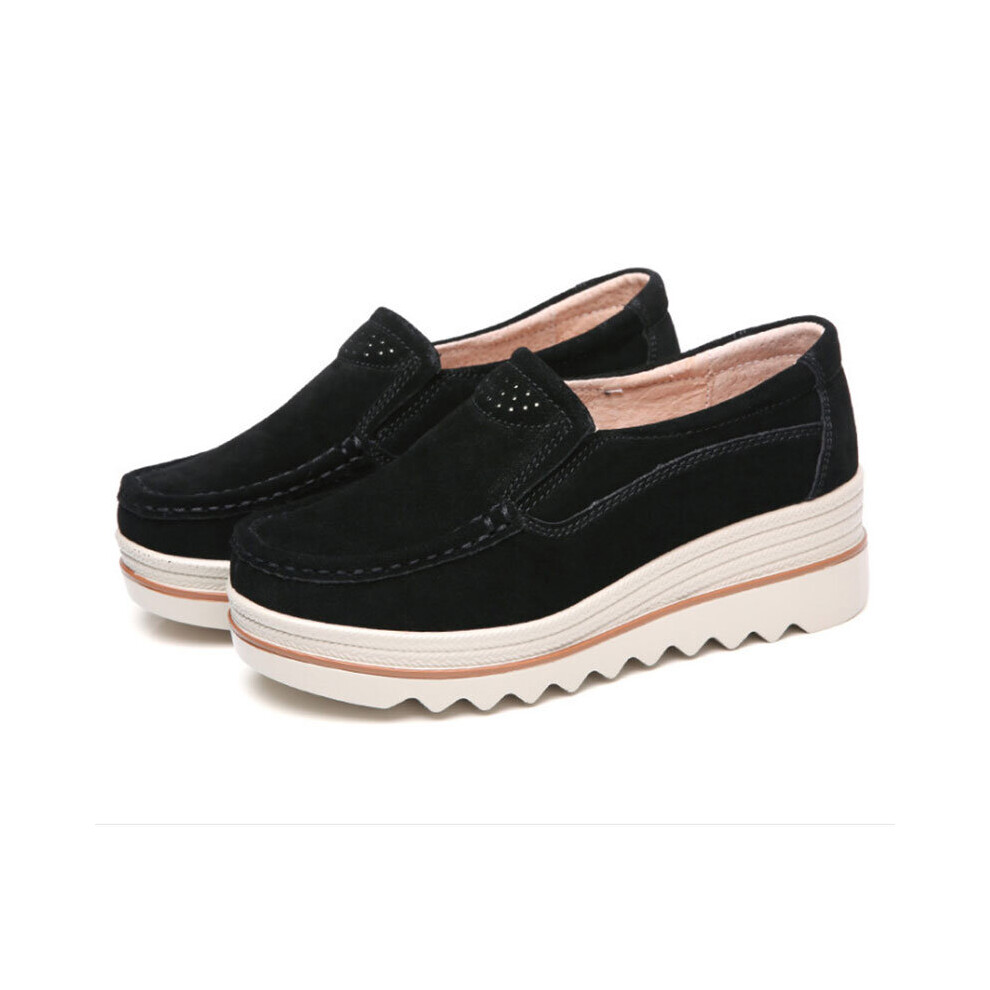 (Black, 40) Women suede loafers fashion heighten moccasin shoes non-slip wedge casual shoes