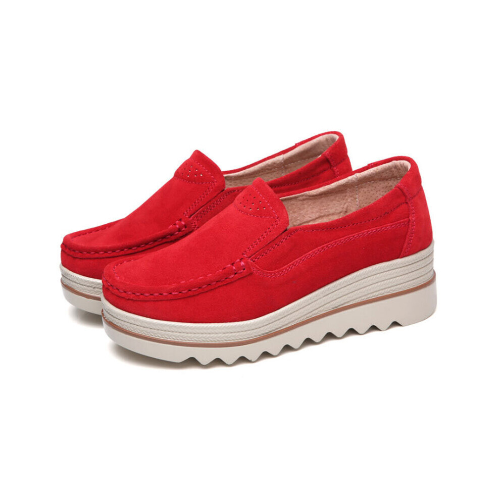 (Red, 39) Women suede loafers fashion heighten moccasin shoes non-slip wedge casual shoes