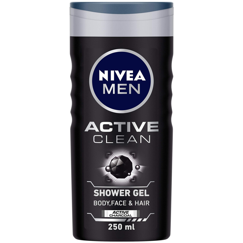 NIVEA Men Body Wash, Active Clean with Active Charcoal, Shower Gel for Body, Face & Hair, 250 ml