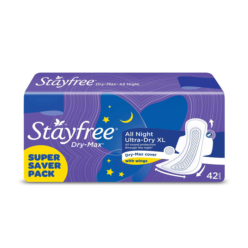 Stayfree Dry Max All Night X-Large Dry Cover Sanitary Pads For Women With Wings, Pack Of 42 Pieces
