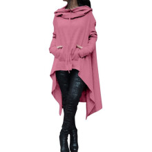 (Pink, 2XL) Women's solid color long hooded sweater sports jacket