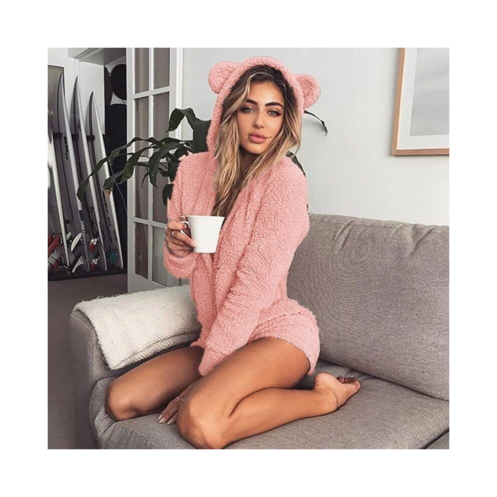(Light Pink, S) Women's fluffy faux wool hooded shorts pajamas jumpsuit