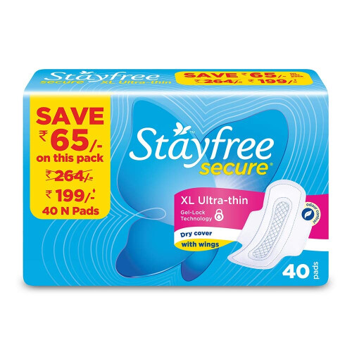 Stayfree Secure X-Large Ultra Thin Dry Cover σερβιέτες υγιεινής για γυναίκες με φτερά, (συσκευασία 40)