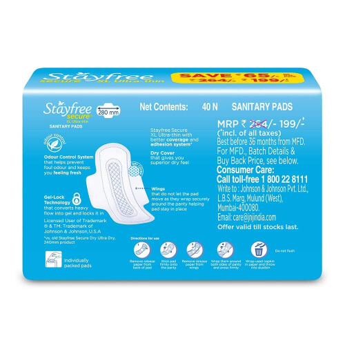 Stayfree Secure X-Large Ultra Thin Dry Cover σερβιέτες υγιεινής για γυναίκες με φτερά, (συσκευασία 40) 1