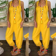 (Yellow, XL) Ladies casual loose jumpsuit overalls jumpsuit