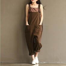 (Khaki, XL) Women's loose jumpsuit overalls lace-up fashion trousers