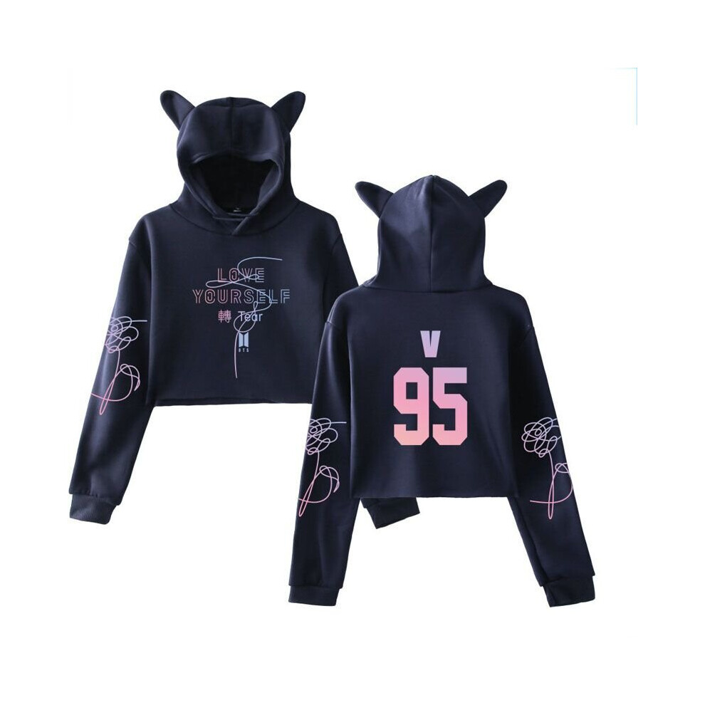 (Navy-V, Tag M=US XS) BTS Unisex 95 97 Hoodie Sweatshirt Cat Ear Cropped Top