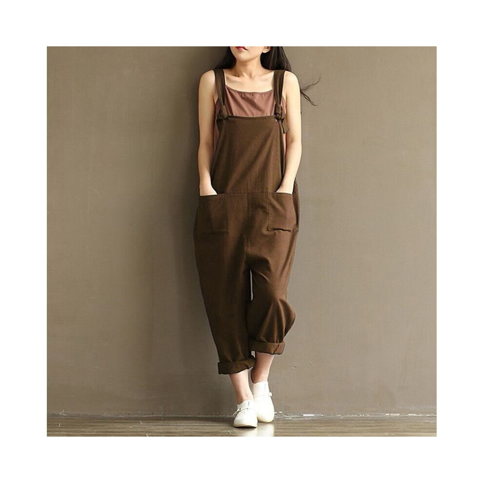 (Khaki, XL) Women's loose jumpsuit overalls lace-up fashion trousers