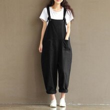 (Black, L) Women's loose jumpsuit overalls lace-up fashion trousers