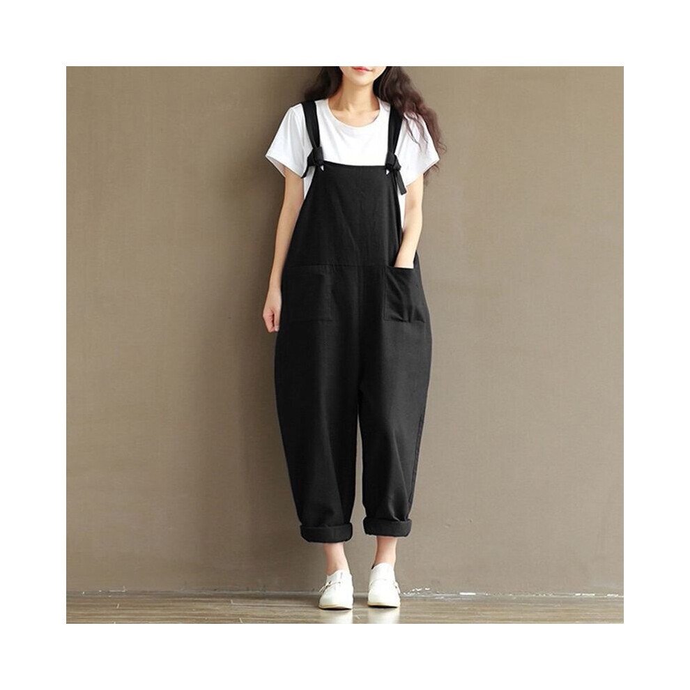 (Black, L) Women's loose jumpsuit overalls lace-up fashion trousers