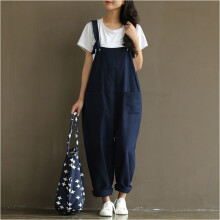 (Blue, XL) Women's loose jumpsuit overalls lace-up fashion trousers