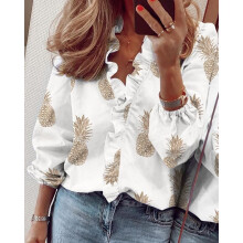 (White Pineapple, L) Women's long-sleeved shirt tops ruffled V-neck tops T-shirts