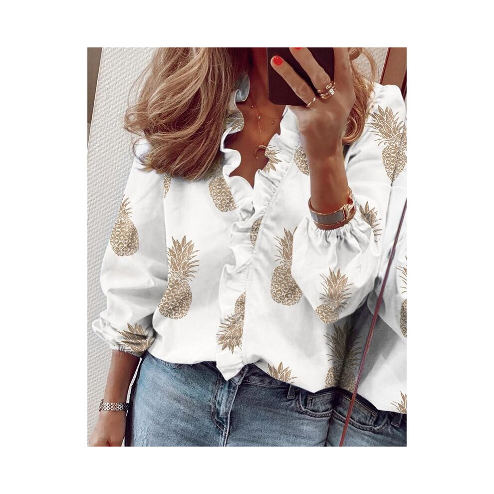 (White Pineapple, L) Women's long-sleeved shirt tops ruffled V-neck tops T-shirts