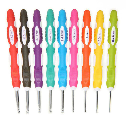 9x Αλουμίνιο Crochet Hook Πλαστική μαλακή λαβή λαβής Νήματα πλέξιμο βελόνα 1
