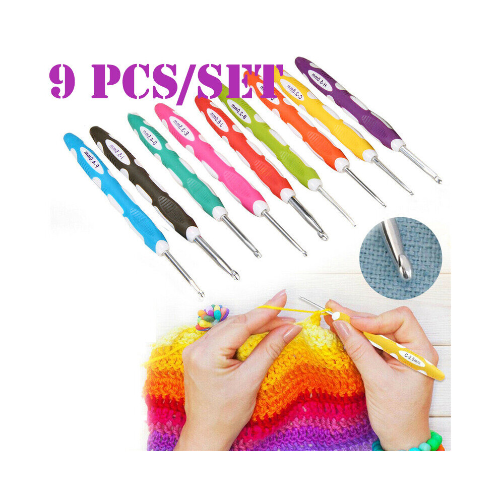 9x Aluminum Crochet Hook Plastic Soft Grip Handle Yarn Knitting Needle