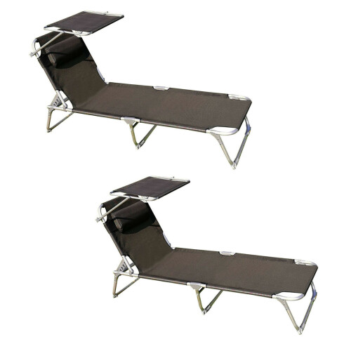 2 Pack Textilene Reclining Folding Sun Lounger with Sunshade