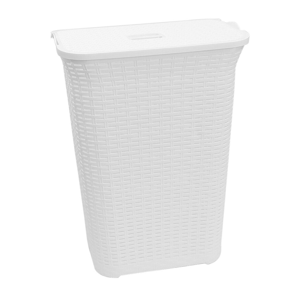 (White) 75L Laundry Hamper Storage Linen Clothes Washing Basket Lid Plastic Rattan Style