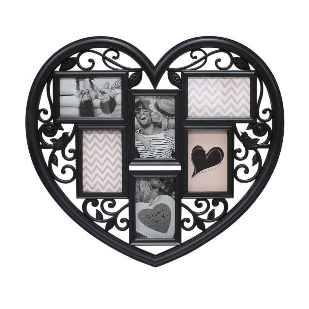 (Black) 6 Photo Large Wedding Frame 3D Hanging Heart Shaped Multi Collage Picture Love