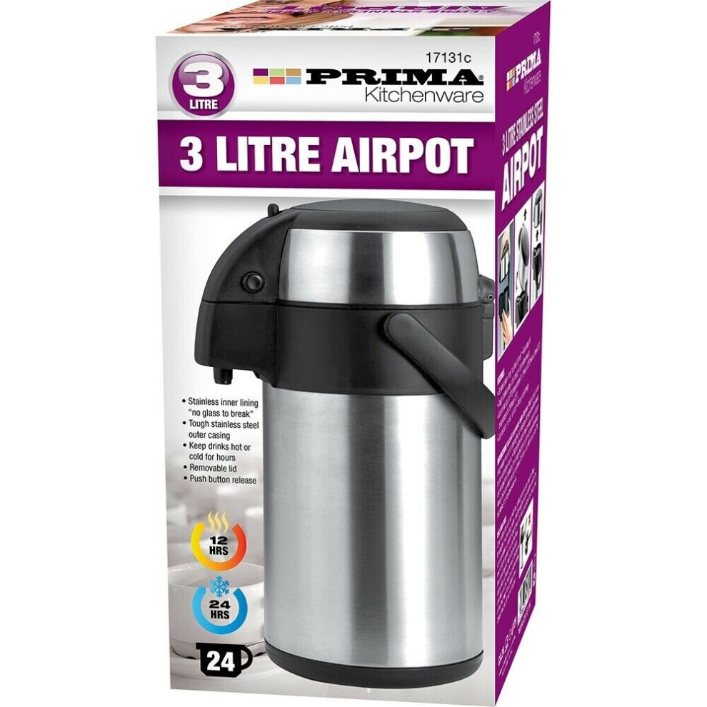 NEW 3 LITRE STAINLESS STEEL AIRPOT TEA COFFEE VACUUM FLASK LIGHTWEIGHT 