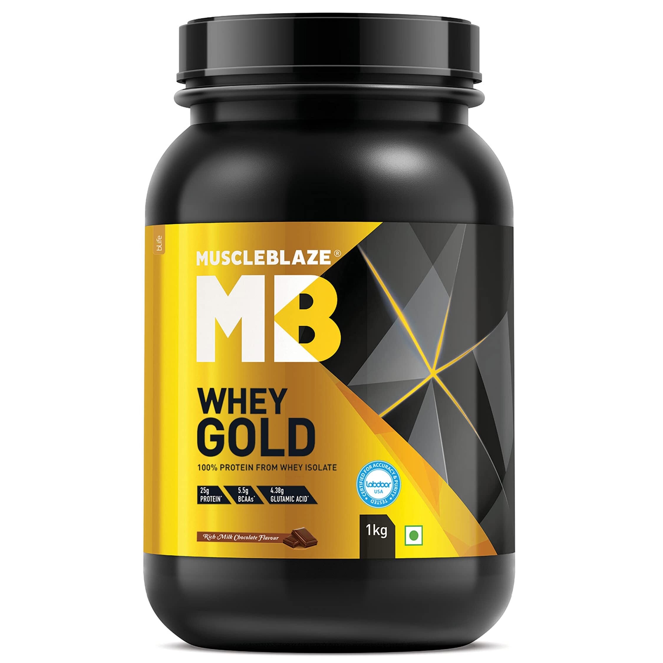 MuscleBlaze Whey Gold, 100 Whey Protein Isolate, Labdoor USA Certified (Rich Milk Chocolate, 1
