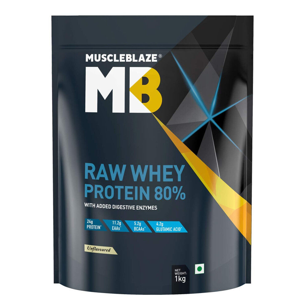 Muscleblaze Raw Whey Protein Concentrate 80% With Added Digestive Enzymes, Labdoor Usa Certified (Unflavoured, 1 Kg / 2.2 Lb, 33 Servings)